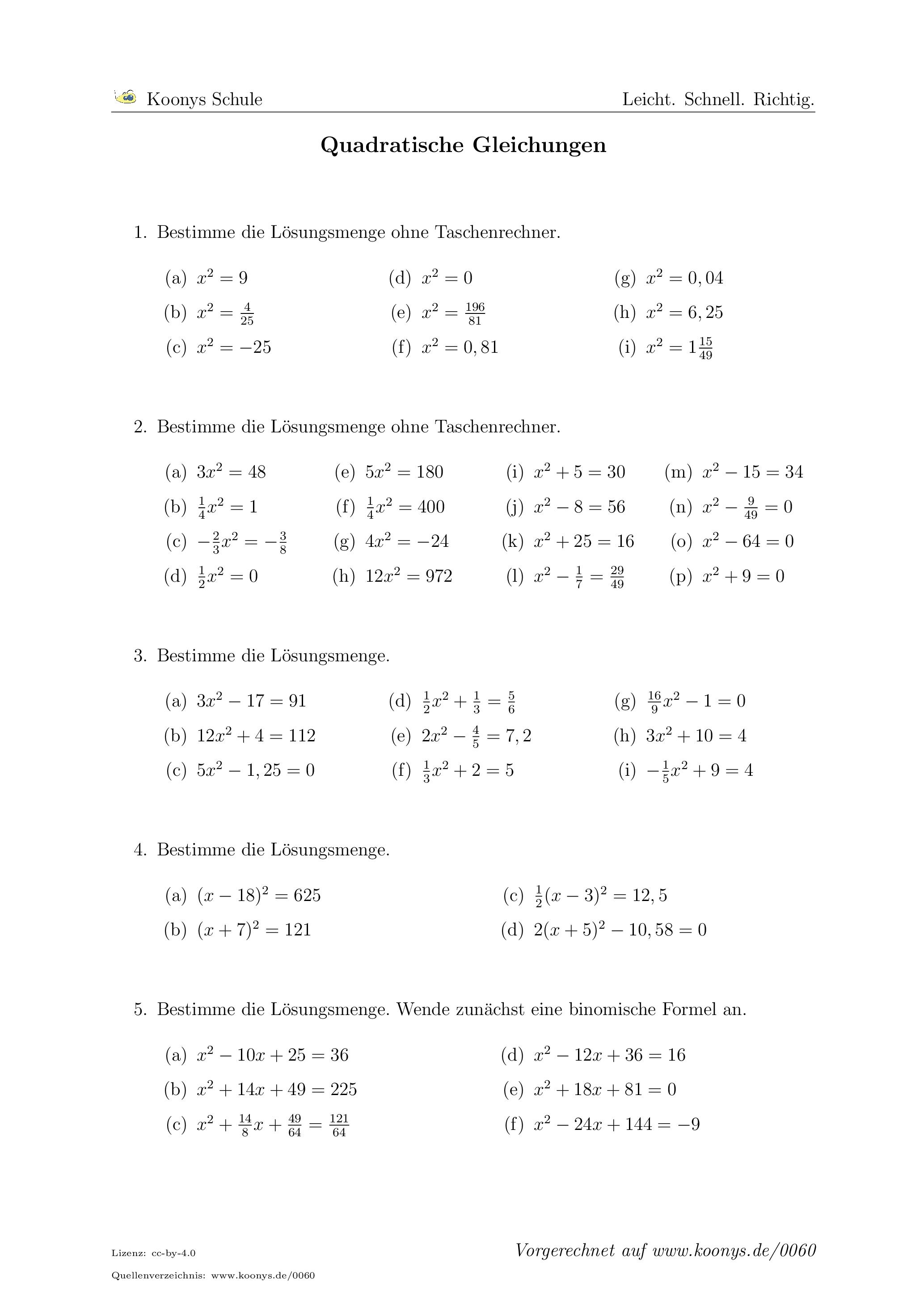 Aufgaben Quadratische Gleichungen mit Lösungen | Koonys ...