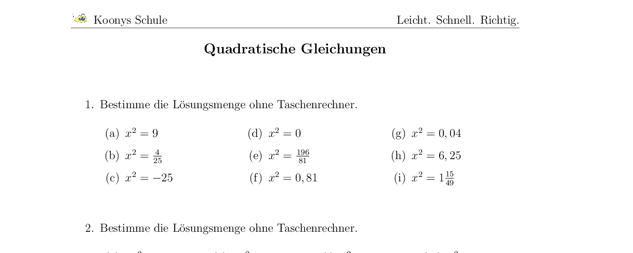 Vorschaubild des Übungsblattes Quadratische Gleichungen