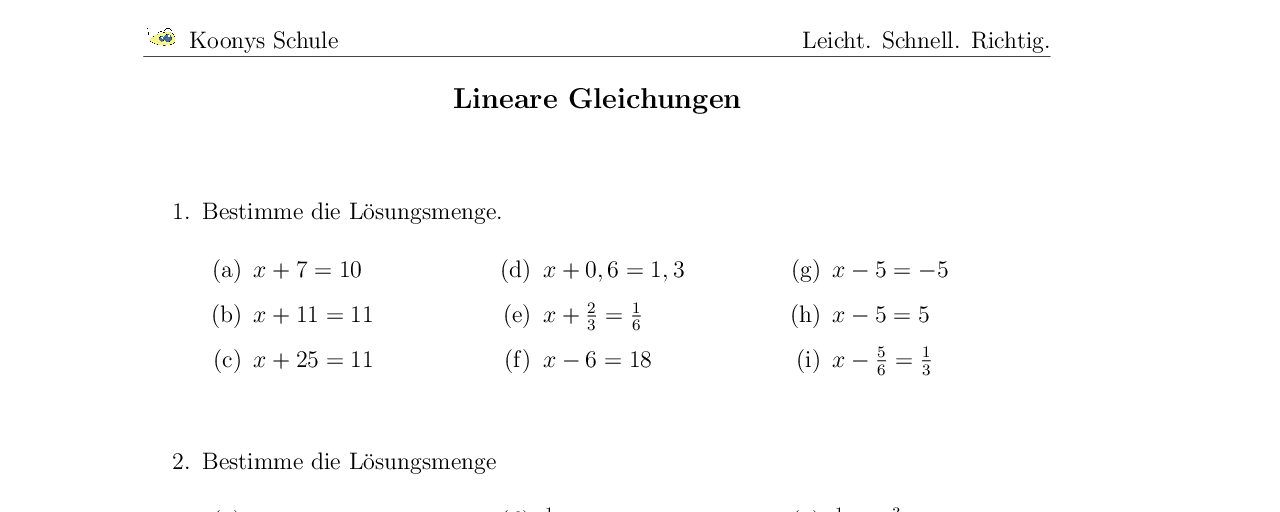 Vorschaubild des Übungsblattes Lineare Gleichungen